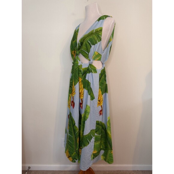 Farm Rio Fresh Bananas Cut Out Midi Dress Size Medium Linen Tropical - Picture 4 of 13
